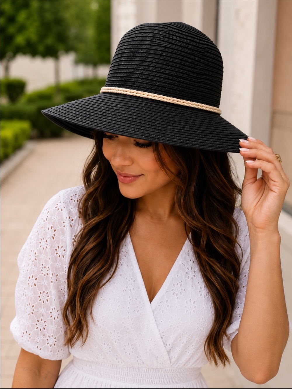 046. John Callanan Black Wide-Brim Sun Hat with Cream Rope Accent